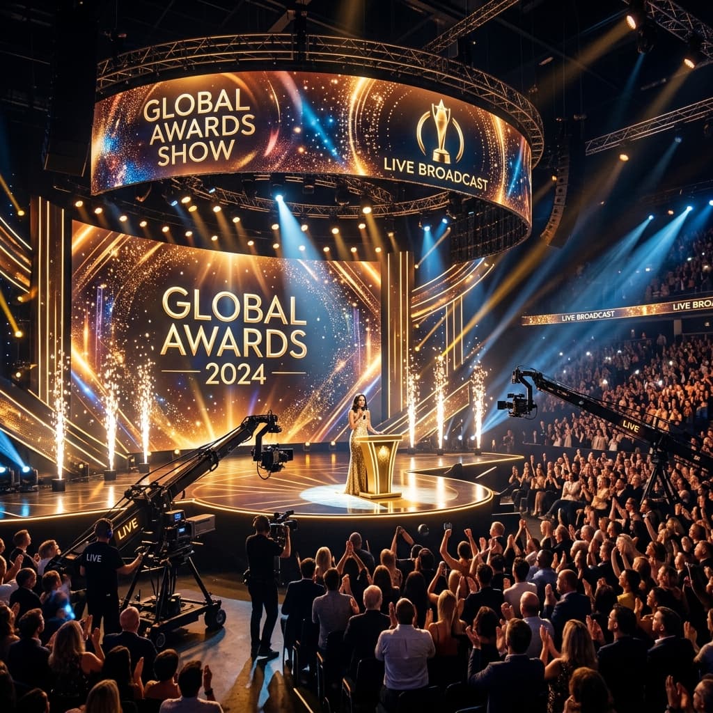 CanMedia Awards grand glowing award show stage LED screen golden podium live broadcast cameras golden lighting