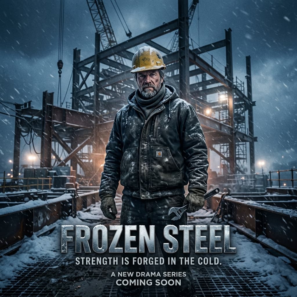 Maple and Steel television series promo rugged construction worker hardhat standing defiantly harsh Canadian winter snowstorm