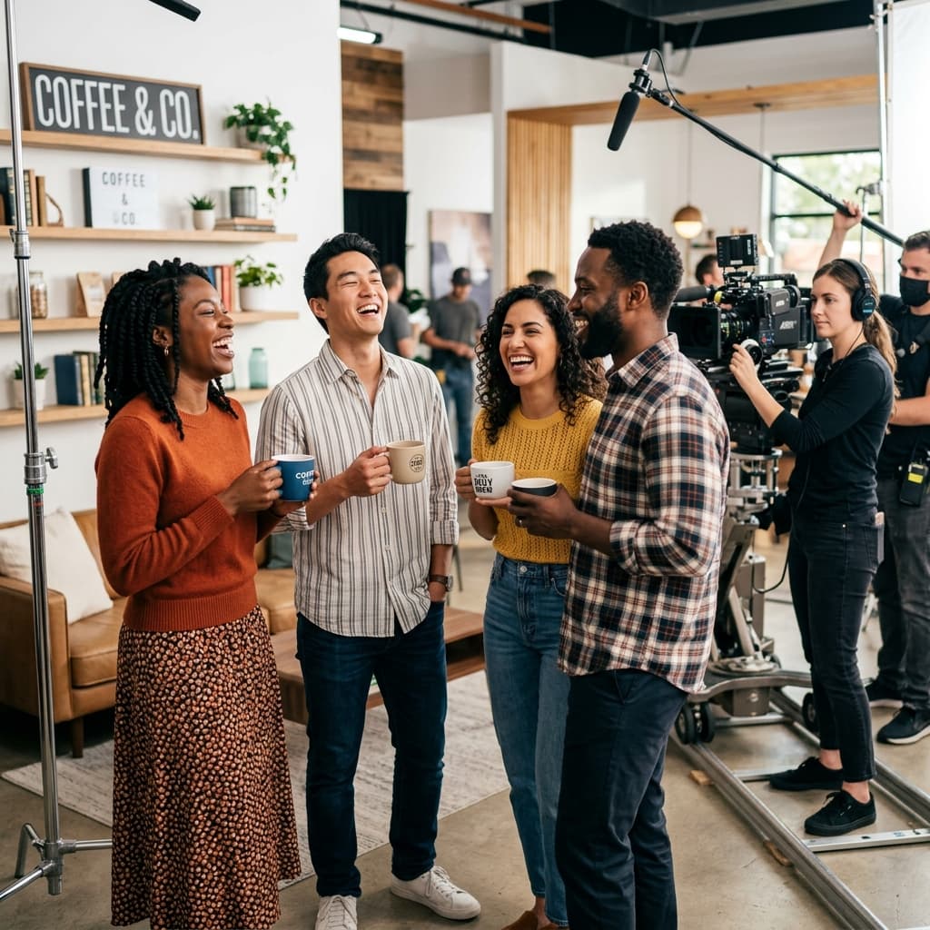 Meridian National Launch high-end commercial shoot diverse actors laughing together professional studio lights camera operator