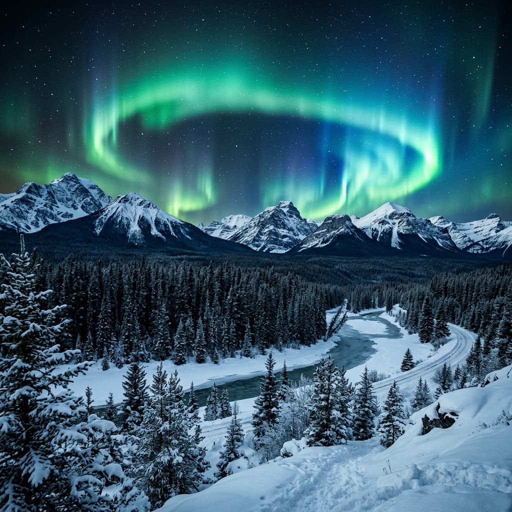 Northern Lights Canada Untold documentary series sweeping cinematic aurora borealis over snow-covered Canadian mountains and pine forest