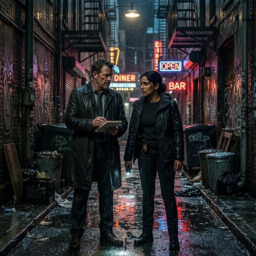 The Divide thriller TV drama scene two detectives standing in dimly lit rainy urban alleyway at night
